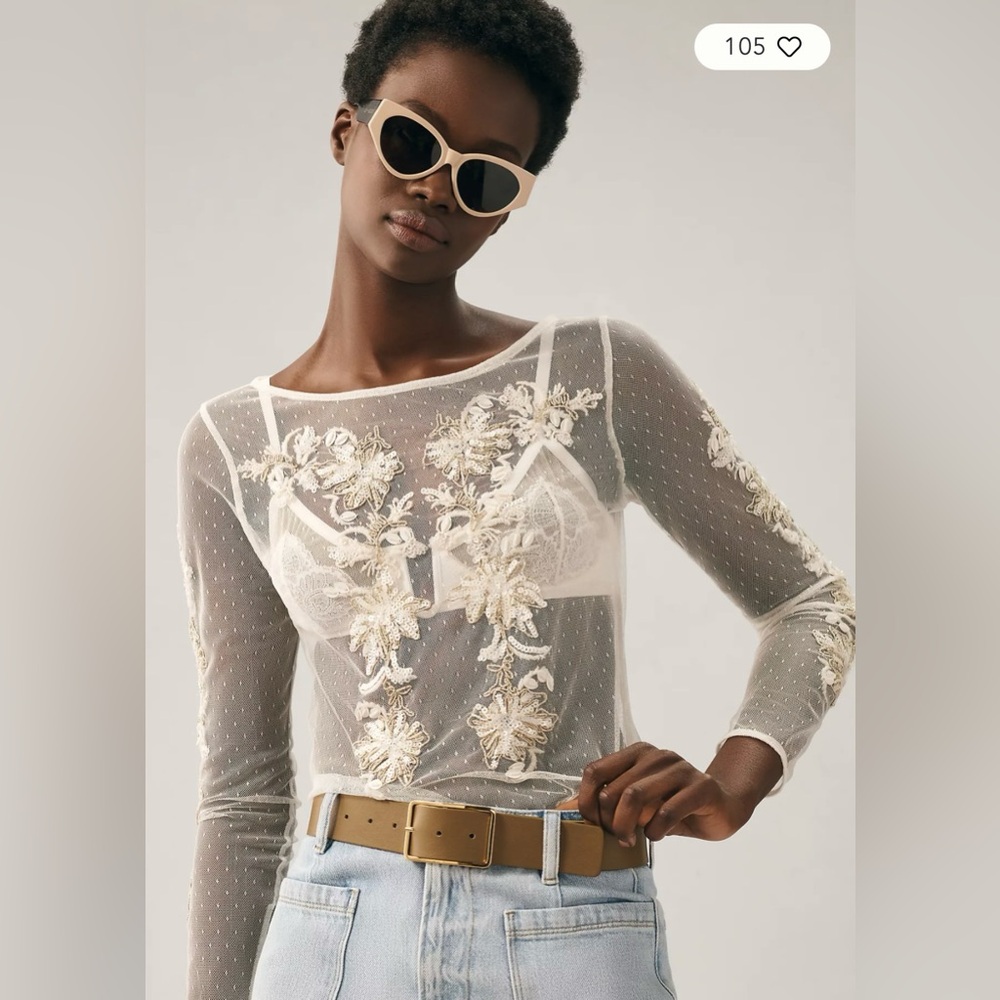 NWT Anthropologie Sheer White Floral Blouse